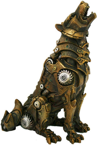 Steampunk Howling Alpha Wolf in Rustic Steel and Gears Collectible Fantasy Figurine