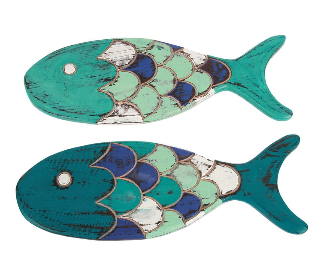 Blue and Teal Wood Fish Wall Decor 14.5 Inches Set of 2 Hand Carved